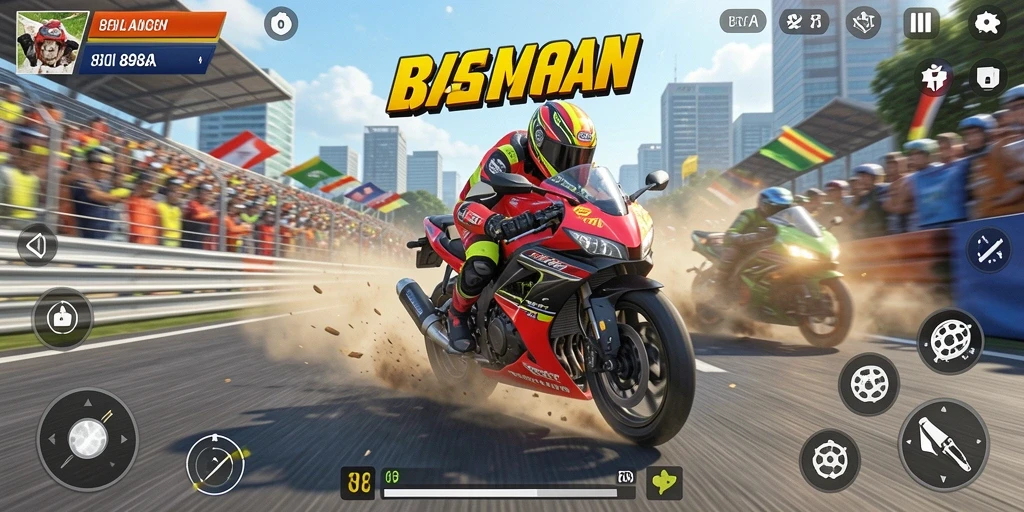 Screenshot menunjukkan balapan motor yang mendebarkan dan penuh aksi.
