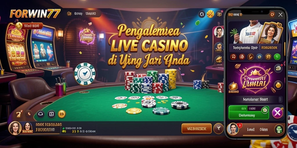 Screenshot utama FORWIN77 menunjukkan dealer langsung dalam permainan Live Casino.