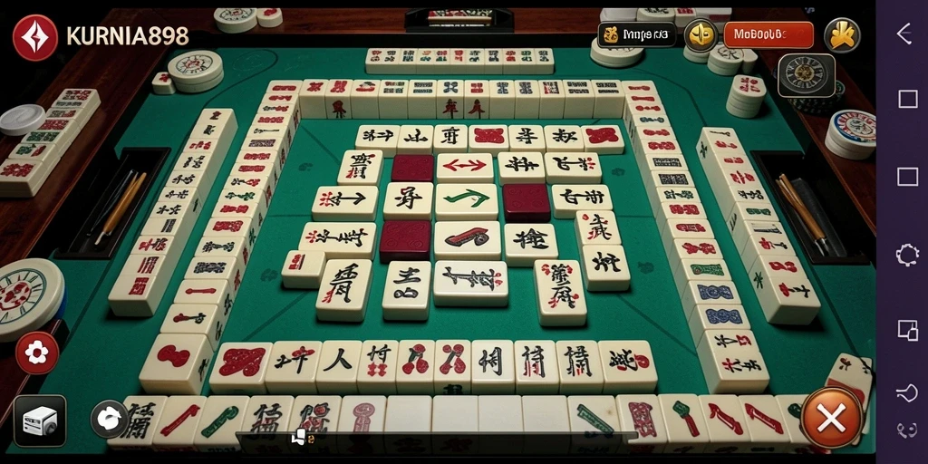 Tampilan gameplay KURNIA898 yang menarik dengan ubin Mahjong berwarna-warni.