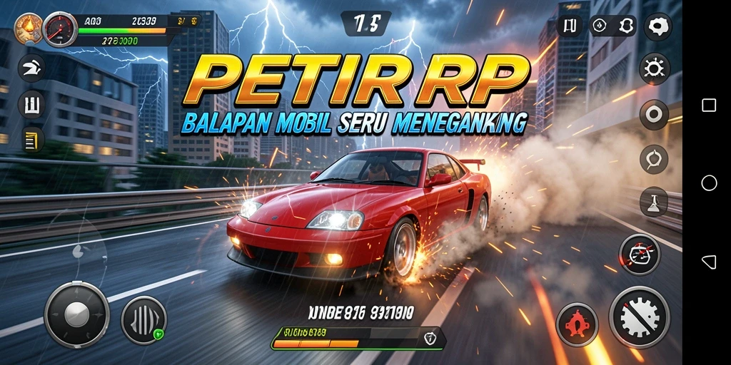 Screenshot gameplay PETIRRP yang menampilkan mobil balap di lintasan yang menegangkan.