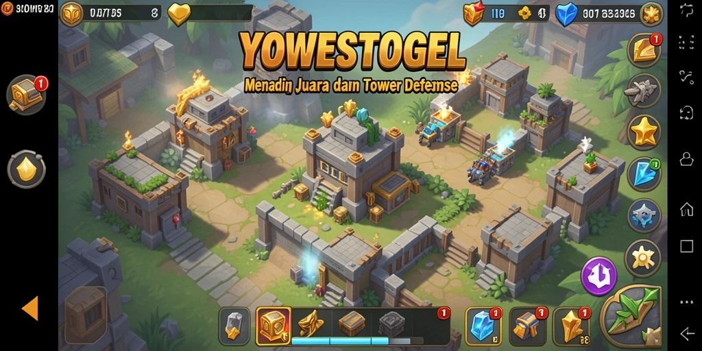 Tampilan gameplay menarik dari YOWESTOGEL yang menampilkan menara dan serangan musuh.